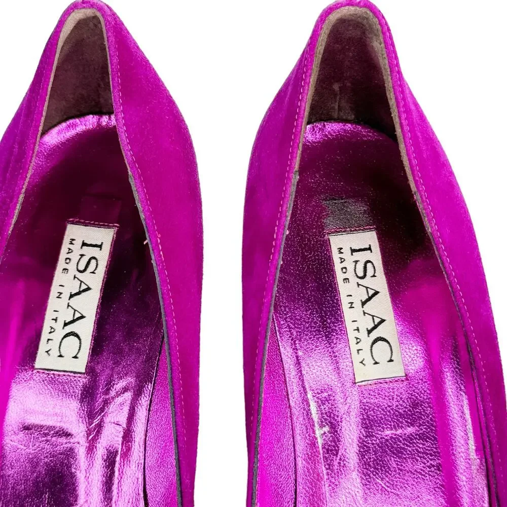 Vintage Y2K Isaac Mizrahi Suede Heels Pointed Toe Ribbon Trim Purple Black 9.5